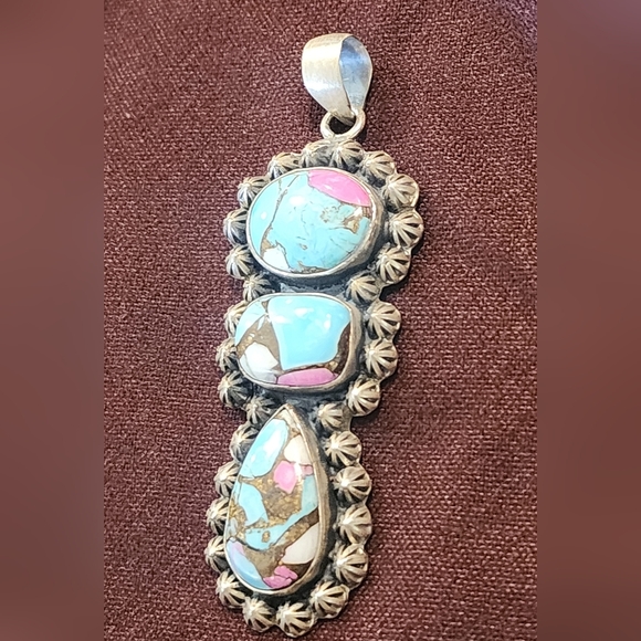 Artisan Sterling Silver Pendant with Turquoise and Pink Accents Cotton Candy - Picture 5 of 7